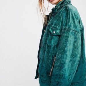 Free People Emerald Green Glam  Velvet Trucker Jacket with Silver Button…